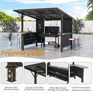   ALAULM-10x-10-Hardtop-Grill-Gazebo-Outdoor-BBQ-Gazebo-with-Storage-Shelves-and-Expansion-Platform-Permanent-Galvanized-Steel-Lean-to-Gazebo-with-Grey-Black-Metal-Privacy-Screen-for-Patio