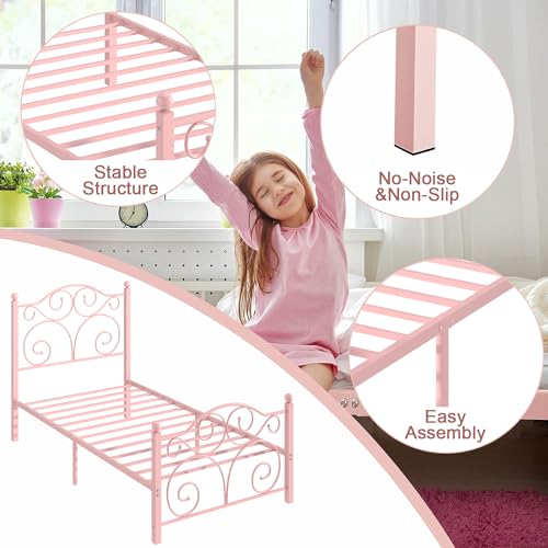 Image of VECELO Twin Size Bed Frame with Headboard and Footboard, Heavy Duty Metal Slat Support, Platform Mattress Foundation, No Box Spring Needed, Easy Assembly, Light Pink