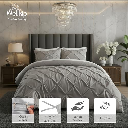 Image of Pinch Pleated Duvet Cover Set 1000TC 100% Cotton Premium 3-Pieces 1-Duvet Cover & 2-Pillow Cover Luxury Look Home and Hotel Zipper & 8-Tie Closure (Light Grey, King 92 X 106 Inch)