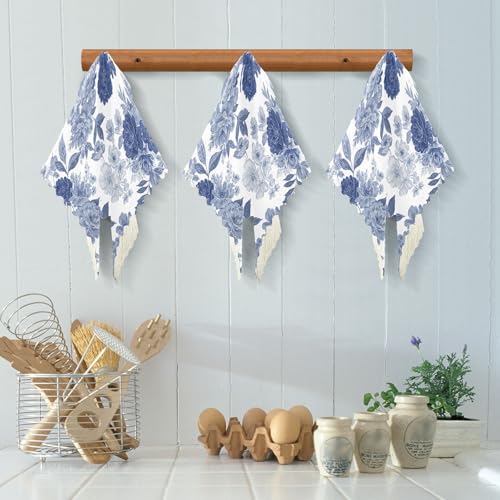 Image of Cotton Kitchen Dish Cloths, Blue Grey Flower Pattern Ultra Soft Absorbent Quick Drying Dish Towels, 11 x 11 Inches, 6-Pack, Reusable Cleaning Cloths