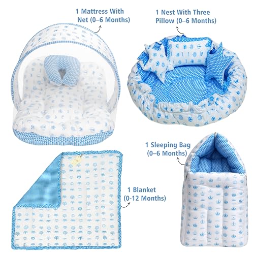 Image of Fareto Combo of Baby Bed with Net | Carry Bag | 4 Pcs Bedding Set (0-6 Months, Baby Size, Cotton) (Taj Blue)