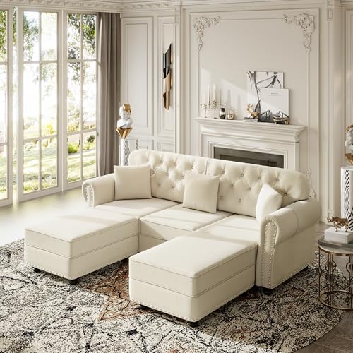 Image of KEIKI 83 inch Velvet Chesterfield Sofa with Rolled Arms & Nailhead Trim & 2 Ottoman, Modern 3-Seater Button Tufted Couch with High Resilience Cushion & 3 Pillow, Easy Assembly, for Living Room, White