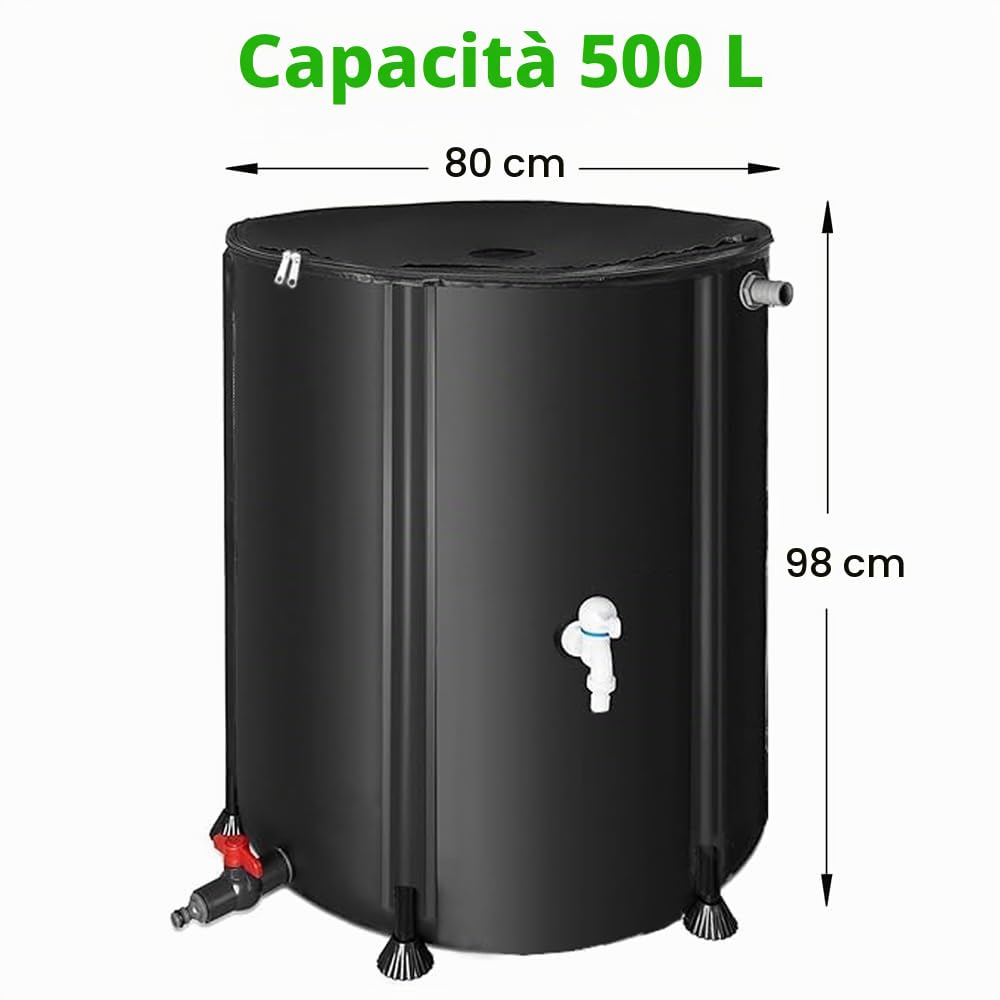 Melko - Raccoglitore di acqua piovana pieghevole da 500L con rubinetto di scarico, aste di supporto in PVC e tubo dell'acqua da 2 m - Serbatoio per acqua piovana mobile con protezione da trabocco e