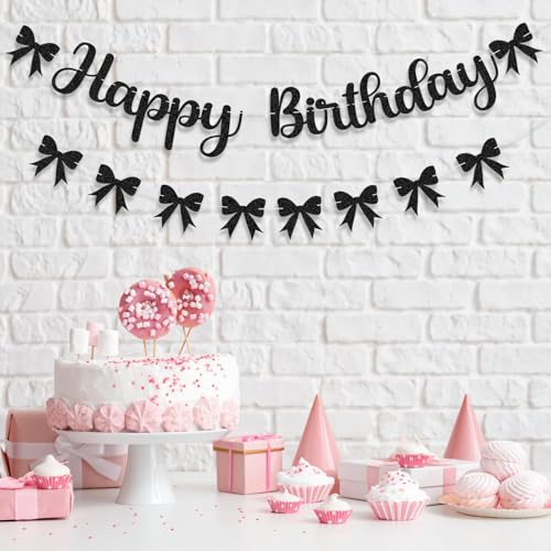 Image of Black Bow Birthday Decorations Happy Birthday Banner Black Bow Bunting Garland Glitter Photo Props Satin Ribbon Hanging Swirls Party Decor for Boys Girls Bachelorette Themed Party Supplies