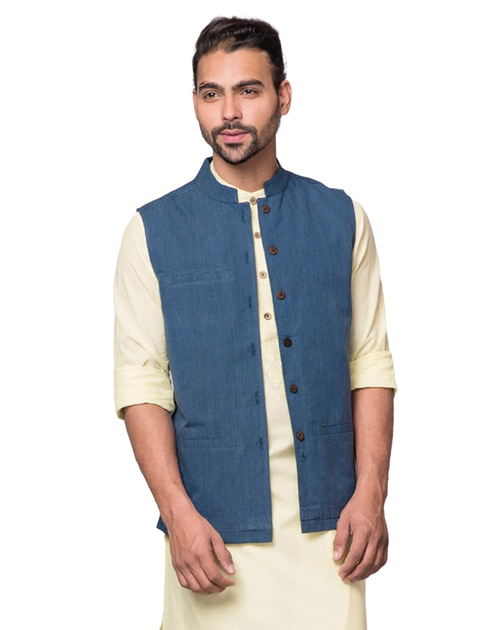 fabindia Blue Cotton Firdaus Nehru Jacket-picture-12
