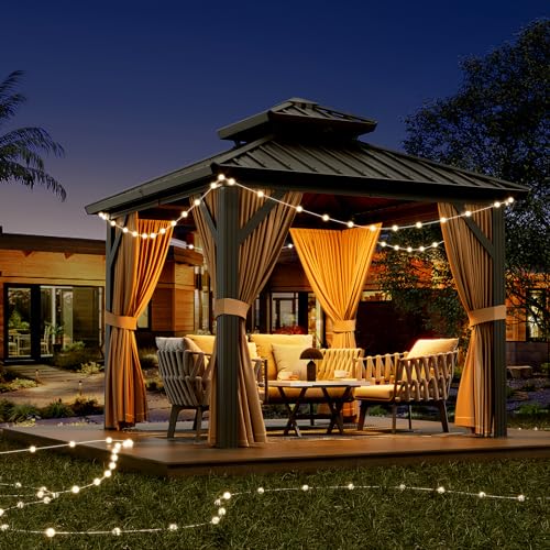 10x10ft Hardtop Gazebo, Aluminum Double Roof Gazebos with Netting and Curtains, Outdoor Permanent Gazebo for Garden, Patio, Backyard, Deck, Lawns (Brown, 10x10 FT)
