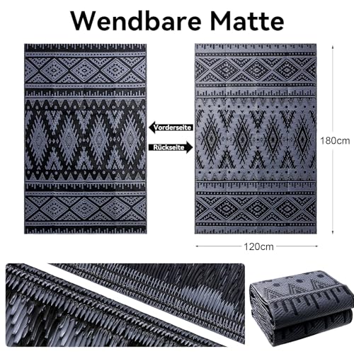 Homaxy Outdoor Teppich Wetterfest, Kunststoff Stroh Faltbar Waschbar UV-beständig Wendbar Balkon Garten Teppich für Terrasse Camping Picknick (120 x 180 cm, Schwarz & Grau)