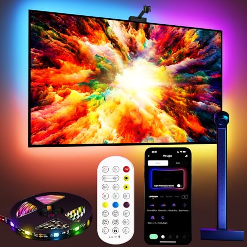 Fayerkar Retroilluminazione TV 3 Lite con funzione di correzione fish-eye, sincronizzazione per TV da 55 a 75 pollici, striscia LED RGBICW WiFi TV con fotocamera, 4 colori in 1 lampada bead,