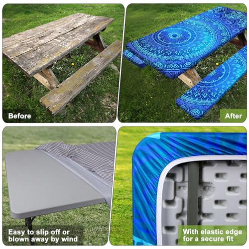 Image of Picnic Table Cover with Bench Covers 6FT 3 Pcs Waterproof Windproof Aesthetic Camping Tablecloth with Drawstring Bag, Fitted for 6 Foot Rectangle Tables and Seats, 72 inch, Dark Blue Green
