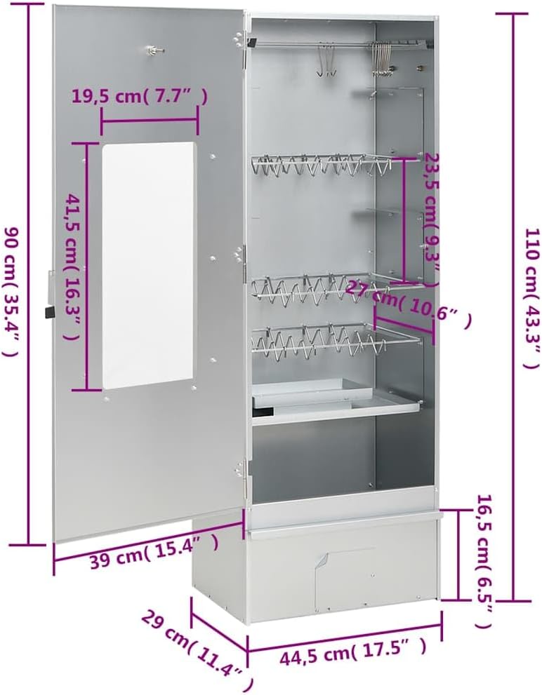 Dimensions diagram of the smoker and table