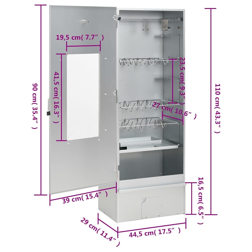 Horno para ahumar con generador de humo frío, acero galvanizado, 44,5 x 29 x 110 cm, para carne, pescado, salchichas, ahumador al aire libre, con termómetro y ventana de cristal
