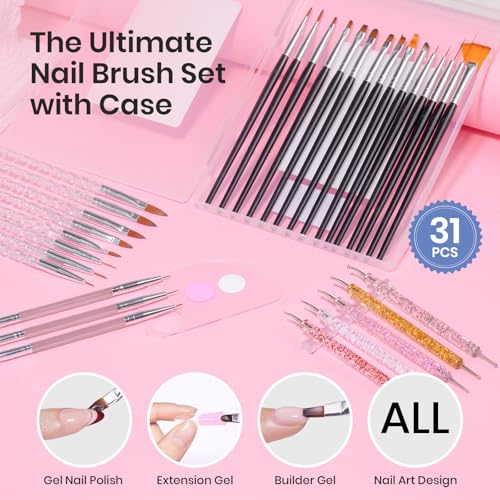 Image of Beetles Nail Art Brushes 31pcs with Case - Confetti Nail Art Pens Daul Ended Dotting Tools Striping Liner Brushes for 3D Flower Sculpting Tools Palette Holder DIY Home Salon Manicure Design Set