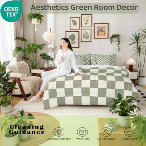 Image of Erosebridal Plaid Queen Comforter Set 7 Piece Beige Sage Green Checkerboard Bed in A Bag with Sheets Geometric Checkered Bedding Set for Kids Boys Girls,Aesthetic Grid Bed Set