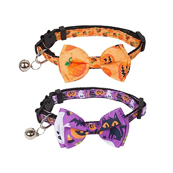 Adoggygo halloween cat collars with bow bell, breakaway cat collar with bowtie pumpkin ghost cat kitten collar for girl boy cats kittens (halloween)