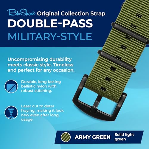 Image of BluShark - Original Collection Military-Style Waterproof Watch Strap, Fits All Timepiece Brands, Durable Nylon Wristwatch Accessories with Stainless Steel Buckle - 18mm, 20mm, 22mm & 24mm Watch Bands