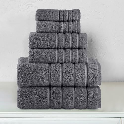 Image of Elegant Comfort 4 Lines Viscose Stripe 6-Piece Premium Towel Set - 100% Turkish Cotton High Absorbent Luxury Bathroom Towels - Includes 2 Washcloths, 2 Hand Towels and 2 Bath Towels Set, Gray