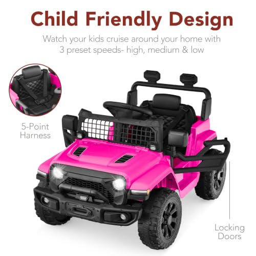 Image of Best Choice Products 12V Kids Ride On Truck Car w /Remote Control, Electric Ride On Car for Toddlers 3-5, Battery Powered Ride On Toy w /LED Lights, 4-Wheel Suspension, Safety Harness - Bold Pink