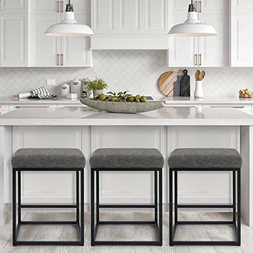 PHI VILLA Bar Stools set of 3 - Thick Cushion Metal Steel Frame Base with Footrest Kitchen Stools, Grey Bar stools