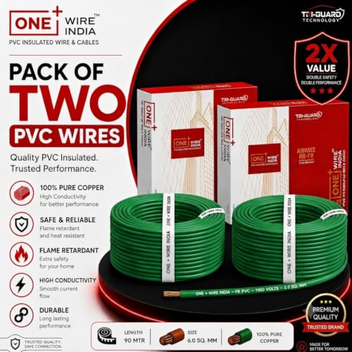 Image of 90m PVC Copper Electrical Wire (Pack of 2), Green, 6.0 mm