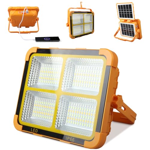 Luz de Trabajo Portátil Solar Doble de 100W, Reflectores Recargables de 288 LEDs con Soporte, 4 Nodos de Luz,12000mAh 10000LM Foco Impermeable para Reparaciones, Emergencias y Campamentos