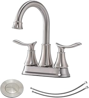 KINGO HOME Modern Brushed Nickel 2-Handle Bathroom Faucet, 4 inch Centerset RV Bathroom Sink Faucet Lavatory Bath Sink Vanity Faucet with Water Supply Lines and Pop Up Drain