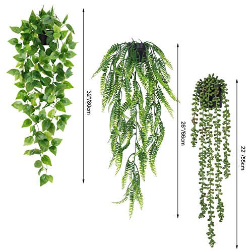 Cewor Artificial Hanging Plants, 6 Pack Fake Hanging Plant Faux Potted Greenery Eucalyptus Vine, Bamboo Leaves, Boston Fern, Pothos, String Of Pearls, Pea Pods For Home Wall Shelf Indoor Decor #TOP2