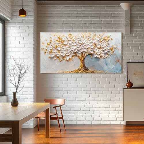 SERIMINO Tree of Life Wall Art, White Gold Tree Extra Large Artwork, Neutral Aesthetic Abstract Art Wall Decor, Modern Fantasy Pictures for Living Room Dining Room Office Canvas Prints 30"X60"