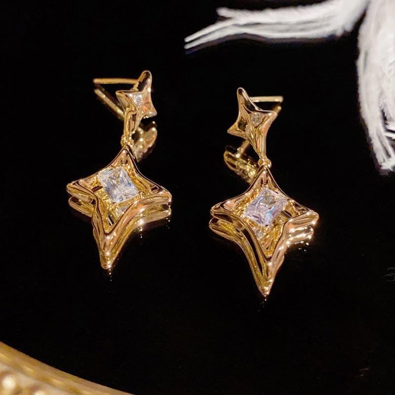 Twinkling 4-Pointed Star Drop Dangle Earrings for Women - Unique Sparkly Cubic Zirconia Rhinestone Dangling Hypoallergenic Stud Fashion Prom Jewelry Gift - Image 5