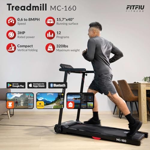 Treadmill FITFIU Fitness MC-160 Ultra Compact Folding Treadmill, Maximum Speed 8Mph, Running Surface, Power 3Hp, 12 Training Programmes