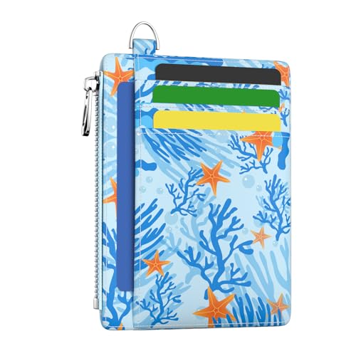 Image of Hancynir Ocean Sea Starfish Slim Wallet Women Credit Card Holder RFID Small | Zipper Pocket Wallet, Thin Travel Coin Purse, Ladies Women Gifts, Minimalist Card Case, 6 Card Slots, ID Window, PU Leather