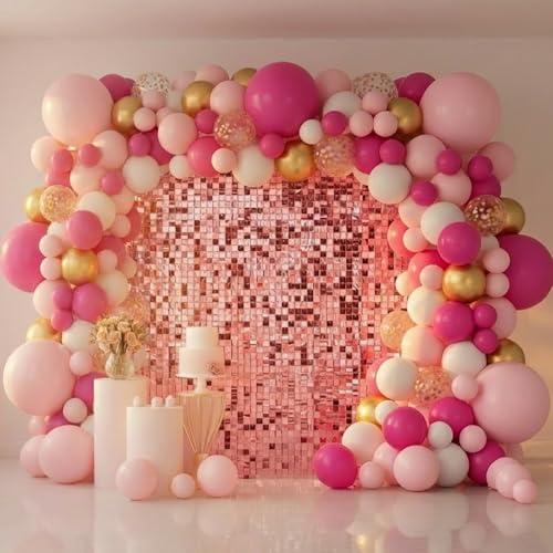 Image of Pink Shimmer Wall Backdrop 36 Panels Cover 6 x 6 Ft, Photo Backdrops for Wedding,Anniversary,Birthday,Party Decoration