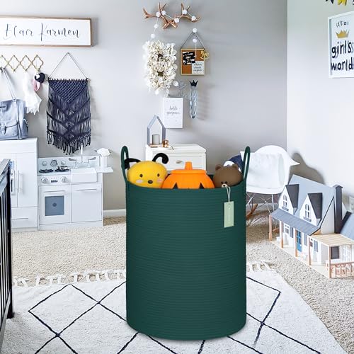 Image of Large Cotton Rope Laundry Hamper for Clothes 65L, Dark Green