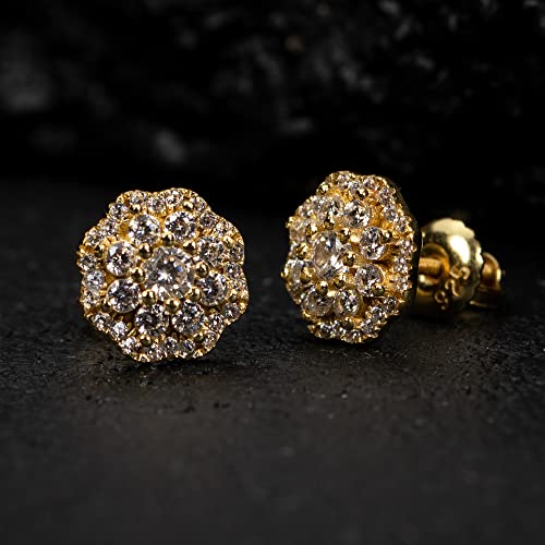 Yellow Gold Plated 925 Sterling Silver Flower Cluster Honey Comb Set Hip Hop Iced 5A Cz Lab Simulated Hypoallergenic Trendy Round Stud Screw Back Circle Earrings4