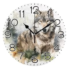 Forest Wolf Wall Clock Battery Operated Non Ticking Silent Quartz Analog Rustic Farmhouse Round