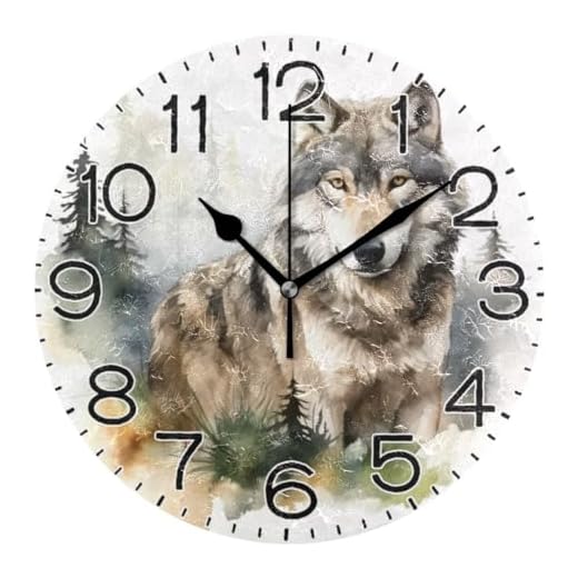 Forest Wolf Wall Clock Battery Operated Non Ticking Silent Quartz Analog Rustic Farmhouse Round Clock Retro Decor for Home Kitchen Living Room Bathroom