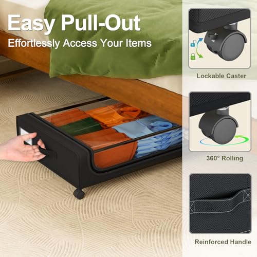 Image of GoMaihe Under Bed Storage with Wheels: 48L Underbed Storage Containers with Clear Lids - Rolling Drawers & Bins for Shoes Clothes in Dorm Bedroom - Space-Saving Easy Pull-out Black 2-Pack