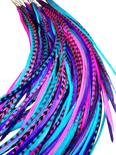 Feather Hair Extensions, 100% Real Rooster Feathers, Long Pink, Purple, Blue Colors (B1 mix)