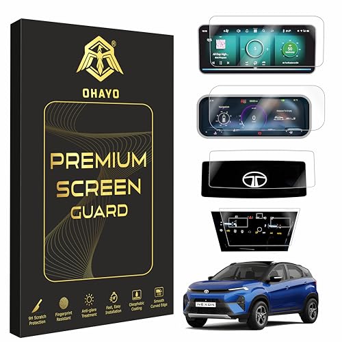 Image of OHAYO 4 Pack Screen Protector for Tata Nexon 2023 Creative+ Creative+s fearless fearless(s) 10.25 inch Infotainment, 10 inch Instrument Cluster, Steering & AC Panel | 9H Hardness Military Strength Scratch Resistant HD Clear Car Display Guard | Not Tempered Glass
