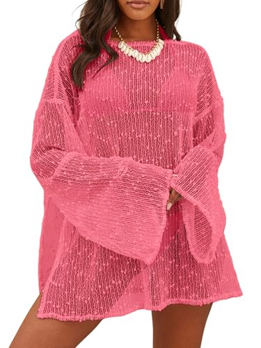 Lilosy Sexy Crochet Mesh Sheer Long Sleeve Dress Beach Bathing