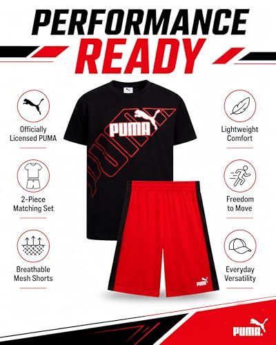 Image of PUMA Boys Short Set - 2 Piece Short Sleeve Crewneck Performance Graphic Tees and Athletic Mesh Shorts for Boys (Sizes: 4-16)
