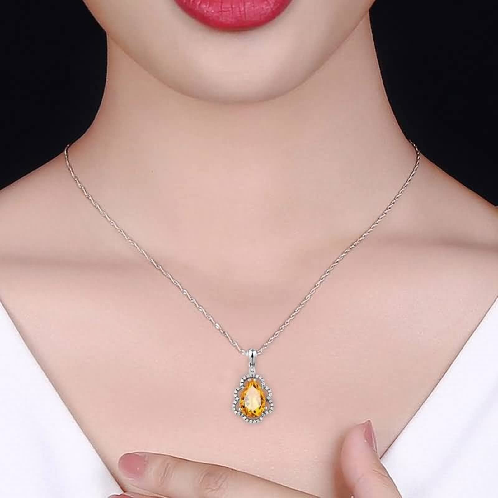 Ciondolo per Collana Oro Bianco Vera, Collana Donna Elegante da Matrimonio con Citrino 3 Carati e Diamante Sintetico, Gioielli con Pietra del Mese di Nascita