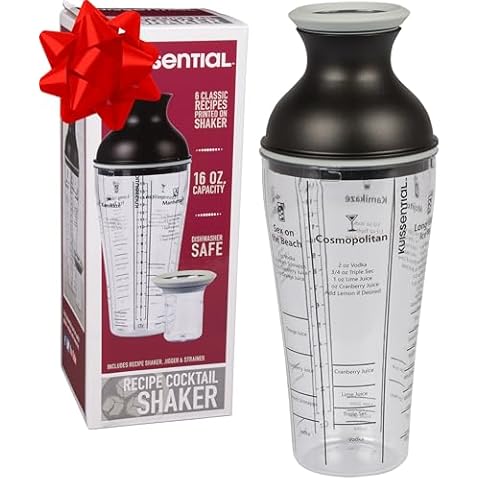 16oz Large Cocktail Shaker Bar Set- Includes Measuring Jigger, Strainer, 6 Printed Mixed Drink Recipe Measurements on Bottle- Bartender Kit for Mojitos, Martinis & More-Great for New Years Eve Parties Cover