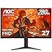 AOC C27G4ZH 27" Curved Frameless Ultra-Fast Gaming Monitor, FHD 1080p, 0.3ms HDMI 240Hz/DP 280Hz, 1500R, AMD FreeSync, HDR, Height Adjustable, 3-Year Zero Dead Pixel Guarantee