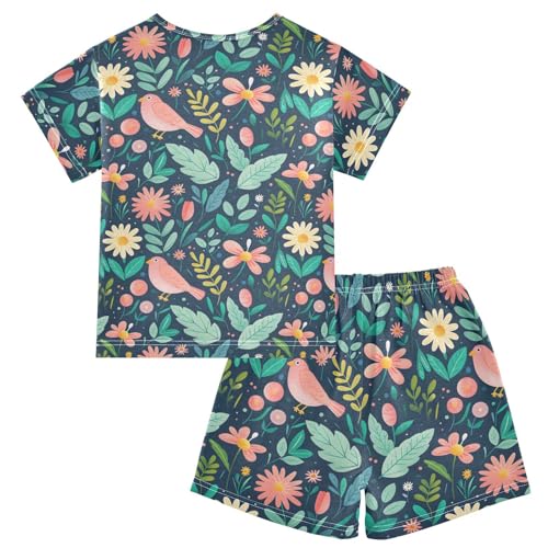 ALAZA Bird Leaves Flower Floral Pajamas Short Sleeve 2 Piece Sleepwear Top and Bottom Pajama Set Unisex2