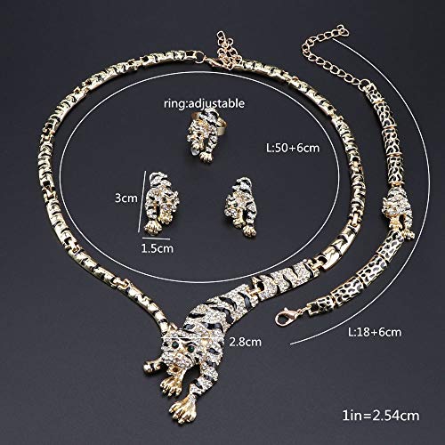 Trendy Gold Color Handmade Enameled Leopard Tigle Crystal Necklace Bracelet Earrings Ring Party Costume Jewelry Sets2