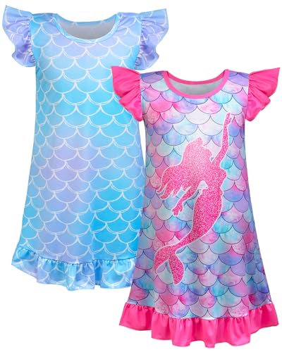 Nidoul 2pcs Girls Nightgowns Unicorn Mermaid Pajamas for Toddler Girls Princess Nightgown Sleepwear for Kids 3-9 Years