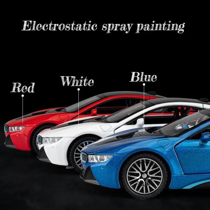 Image of 1:32 B.M.W i8 - Blue Alloy Diecast Pullback Metal Car Toy with Sound Light & Opening Doors - Great Gift Toy for Kids