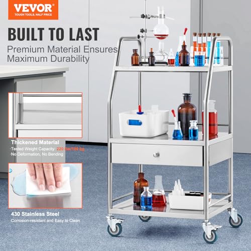 Vevor 2 SHELF STAINLESS STEEL UTILITY CART Utility Cart With 3 Shelves Shelf Stainless Steel With Wheels Rolling Cart Commercial Wheel Dental Lab Cart Utility Services thumb #1