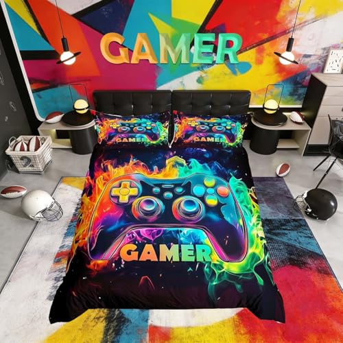 Homemissing Boys Gamer Duvet Cover Set Single Size For Kids Boys Girls Gaming Bedding Set Multicolor Gameped Duvet Cover with 1 Pillowcase Game Console Controller Bedding