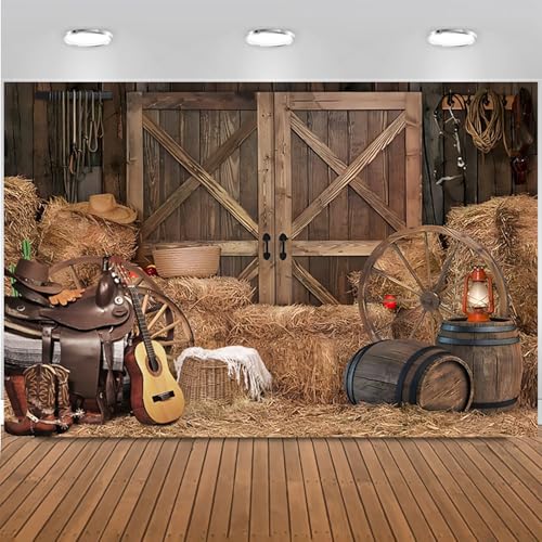 Hnmdmyi 2.1x1.5m Telón de Fondo Vaquero del Oeste Salvaje Oeste Campo Granja Puerta De Granero Salón Vintage Almacén Rústico Fondo De Fotografía Tema del Oeste Niños Fiesta De Cumpleaños Decoraciones
